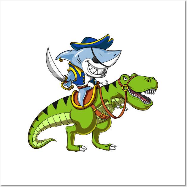 Shark Pirate Riding T-Rex Dinosaur Wall Art by underheaven